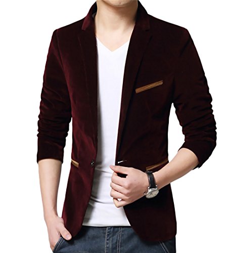 Mirecoo Slim Fit Herren Velour Sakko Samt Blazer Samt Einknopf Anzugjack Freizeit Party, Weinrot, M=EU 48 von Mirecoo
