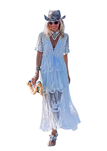 Miro Boho Chic Ibiza Brautkleider Boho Chic Kleid aus Spitze mit tiefem V-Ausschnitt, kurze Ärmel, weites Kleid, gefüttert, weißes Kleid für Damen, Boho-Brautkleid, weiß, One size von Miro Travel Wear