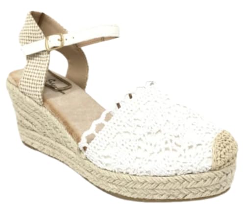 Miro Boho Chic Keilabsatz Espadrilles Damen Jute Esparto-Sandalen mit Spitze Sandalen Damen Sommer Bequeme Sandalen Damen Keile Braut Espadrilles Esparto Braut Keile Damen Sommer, Hochweiß, 39 EU von Miro Travel Wear