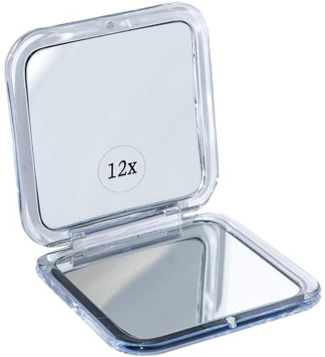 Zusammenklappbarer Reisespiegel mit 12 Fach Vergrößerung – Kleiner Spiegel zum Schminken auf Reisen – 8,4 cm Mini Quadrat, Klappbar Kosmetikspiegel (Silber) Magnifying Mirror Set von Mirrorvana