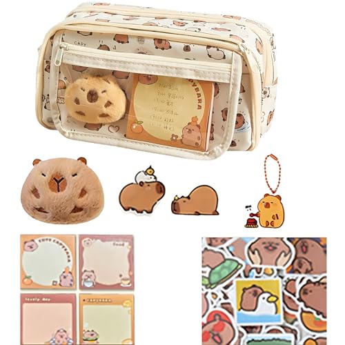 Capybara Federmäppchen Mädchen Jungen, Kawaii Federmäppchen mit Schlüsselanhänger Aufklebern Broschen Haftnotiz Kapybara Schreibwaren Set Capybara Mäppchen Stylisches Geschenk für Schüler & Büro von Mirrwin