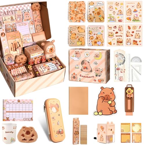 Mirrwin Capybara Schreibwaren Set, Capybara Federmäppchen Große mit Bleistifte Aufkleber Linealen Bleistiftspitzer Stationery-Set für Kinder Für Schulanfang und Geschenke Geeignet von Mirrwin