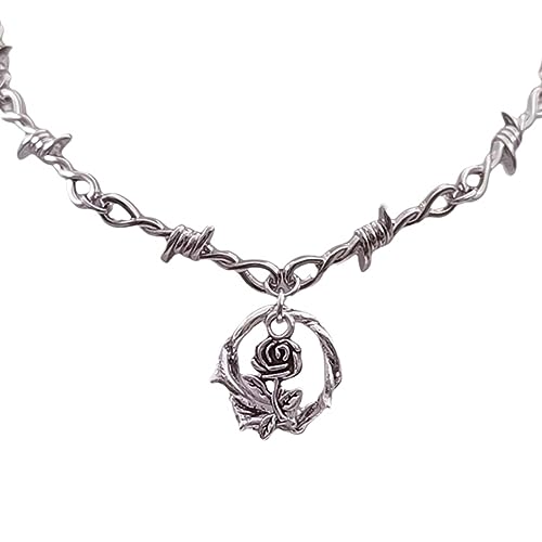 Mirweon Hip-Hop-Halskette mit Dornen-Rosen, Gothic-Anhänger, verstellbare Statement-Stücke, trendige Halskette, Y2K-Schmuck, Geschenk, Dornen- und Rosen-Halskette, Zinklegierung, handgefertigt von Mirweon