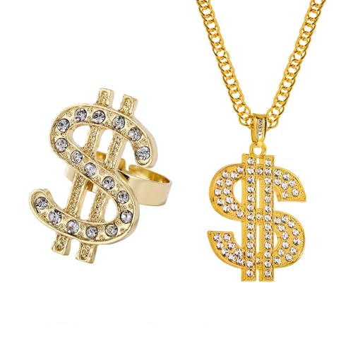 Mirweon Hip-Hop-Schmuck-Set, Halskette mit Dollarzeichen-Anhänger, Halskette und 80er-/90er-Jahre-Kostüm, cooles Rapper-Zubehör, Unisex, Hip-Hop-Schmuck-Set, 2-teilig von Mirweon