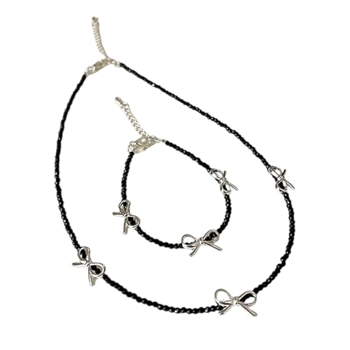 Mirweon Modisches Halsketten-Set mit schwarzen Kristallen und Perlen, vielseitiges Schmuck-Accessoire für anspruchsvolle Frauen, Geschenke, schwarze Kristalle, Perlen, Schleife, Halsketten-Set von Mirweon