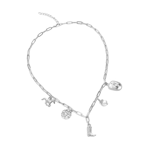 Mirweon Styles Cowboyhut und Stiefel-Anhänger Halskette für Damen, verstellbare Kette mit Strasssteinen und Perlen, Akzentperlen, Imitations-Halskette von Mirweon