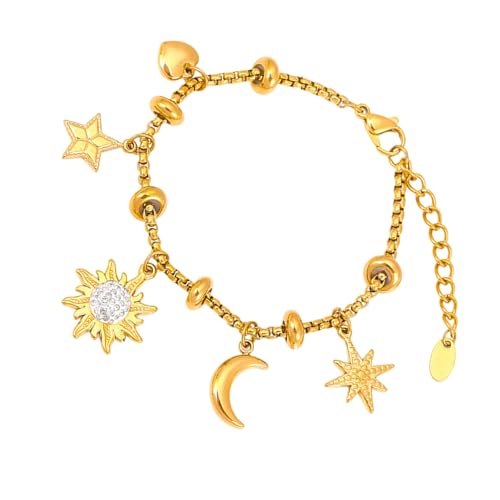Stilvoller Edelstahl Sonne Mond mit Diamanten Details 16 cm + 4 cm Verlängerungskette Damen Zubehör Stahl Sonne Mond Zubehör, Gold, Wie beschrieben, Wie beschrieben von Mirweon