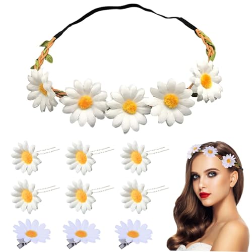 MisFun 10 Stück Trachten Haarschmuck, Gänseblümchen-Stirnband, Blumenhaarband Haarreif Dirndl, Elastisch Blumenkranz Blumen Haarband Haarclips, Bohemia Style Trachten Accessoires Damen von MisFun