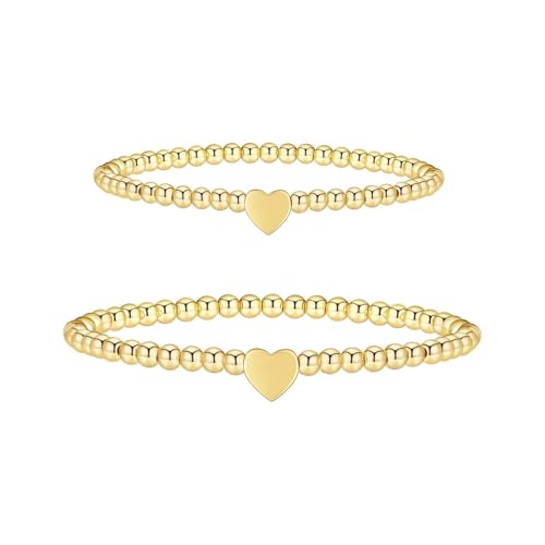 MisFun 2 Stück Elastische Kugelarmband, Herz Kugeln Armkette, Perlenarmband Geschenk für Damen, Frauen, Mädchen, Freundin (Gold) von MisFun