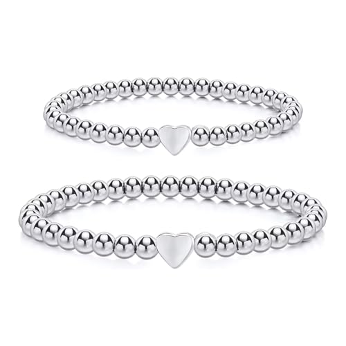 MisFun 2 Stück Armband Damen Elastische Kugelarmband, Herz Kugeln Armkette Armbänder, Kugelkette Armband Armbänder Damen, Perlenarmband Geschenk, Armband Mädchen für Frauen Mädchen Freundin(Silber) von MisFun