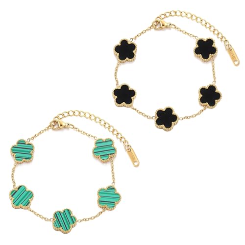 MisFun 2 Stück Kleeblatt Armband Kleeblatt Schmuck Clover Armband 18k Vergoldet Vierblättriges Kleeblatts Armbands Glücksarmband Armreif Kleeblatts Für Frauen für Geburtstag Alltag Geschenk (B) von MisFun