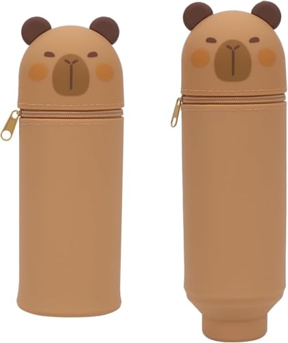 MisFun 2 in 1 Weiche Silikontasche Kawaii Federmäppchen, Schön Stehendes Mäppchen, Teleskopisch Mäppchen aus Weichem Silikon, Mäppchen Cartoon Bleistifthalter für Schülerin Teenager (Capybara) von MisFun