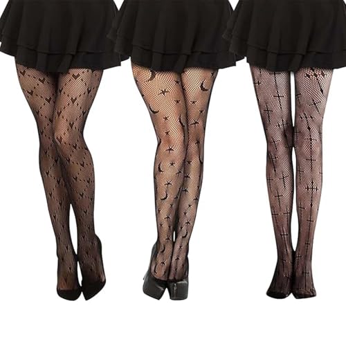 MisFun 3 Paar Netzstrumpfhose Schwarz, Halloween Strumpfhose Damen, Strumpfhosen Damen Muster, Strumpfhose Spinnennetz, Halloween Kostüm Accessoires Tag Der Toten Festival Karneval Strümpfe von MisFun