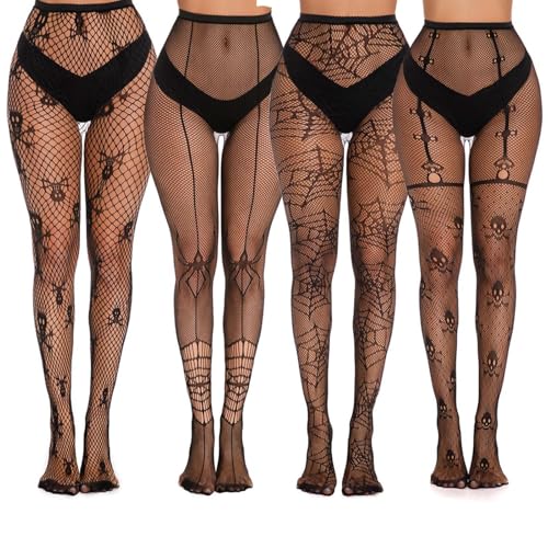 MisFun 4 Paar Netzstrumpfhose Schwarz Halloween, Halloween Strumpfhose Damen, Strumpfhosen Damen Muster, Fishnet Stockings, Kostüm Accessoires Tag Der Toten Festival Karneval Strümpfe von MisFun
