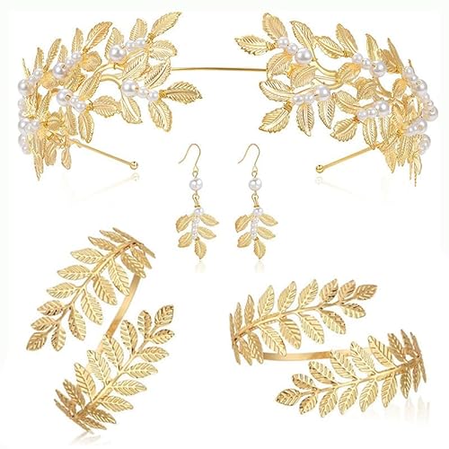 MisFun 4 Stück Griechische Göttin Kostüm Schmuck Set, Hochzeit Brautschmuck Oberarmreif Ohrringe Lorbeerkranz, Braut Hochzeits Kopfschmuck Hochzeit Boho Blatt Haar Krone Accessories von MisFun