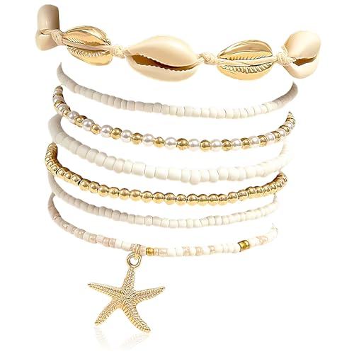 MisFun 7 Stücke Armbänder Damen Muschel Armband Shell Bracelets for Women Set FußKettchen für Damen Boho Multilayer Pearl Bracelets Jewellery Accessories for Girls Women Summer Beach Bracelets von MisFun