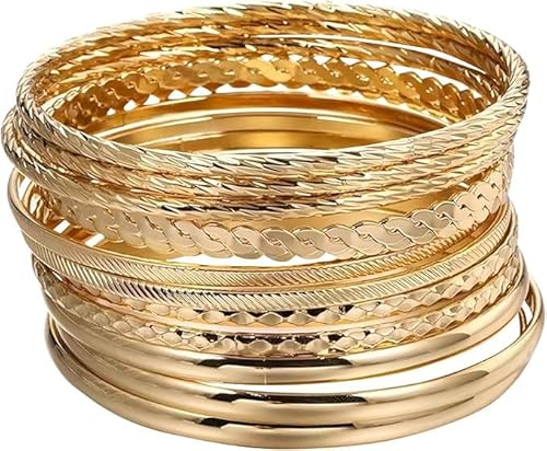 MisFun Armreif Gold, 12 Stück Armreifen Damen, Goldener Schmuck Women, Stapelarmbänder Boho Mode Armbänder Damen, Stapelbare Mehrschichtiges Armband, Glattes Armbandset Für Frauen (Gold) von MisFun