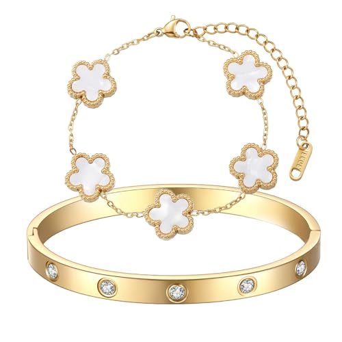 MisFun Kleeblatt Armband Kleeblatt Schmuck Clover Armband 18k Vergoldet Vierblättriges Kleeblatts Armbands Glücksarmband Armreif Kleeblatts Für Frauen für Geburtstag Hochzeit Alltag Geschenk (A) von MisFun