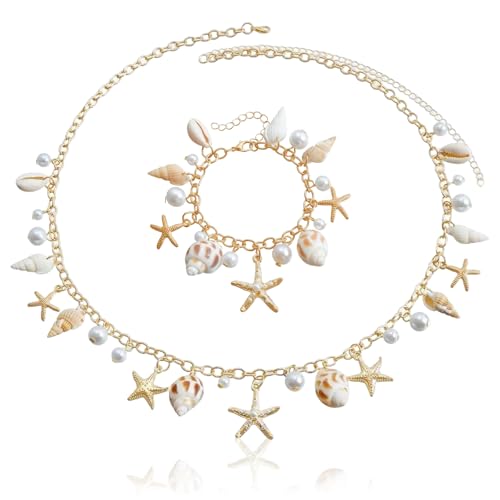 MisFun Muschel Armband, Boho Armband Damen + Böhmische Muschel-Hüftkette, Muschelarmband Perlen Armbands, Beach Jewelry, Sommer Strand Armbands, Sommer-Reisegeschenke für Mädchen und Frauen von MisFun