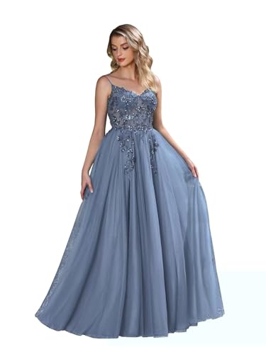 MisShow Abendkleid Damen Lang mit Schmalen Schulternsteifen V-Ausschnitt armelloser Ballkleid Elegant für Hochzeiten A-Line Silhouette bodenlänge Abiballkleider Grey Blue-46 von MisShow