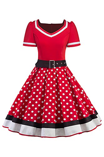 MisShow Damen elegant 50er Jahre Petticoat Kleider Gepunkte Rockabilly Kleider Cocktailkleider, Rot, XXL von MisShow