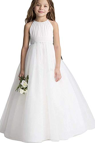 MisShow Kinder Tüll Hochzeitskleid Chiffon Blumenmädchenkleid Elegante Festlich Erstkommunion Kleid Maxilang Gr. 6-7 Jahre von MisShow