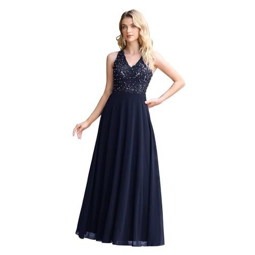 Misshow Damen Kleider V-Ausschnitt Ärmellos Elegant A Linie Abendmode Lang Abendkleid, Navy, 34 von MisShow