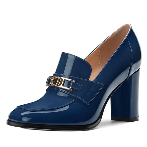 MisaeMila Blockabsätze für Damen, quadratischer Zehenbereich, Lack-Pumps, Schlupfschuhe, Loafer, Büro, Party, Abschlussball, 7,6 cm, Marineblau, 41 EU von MisaeMila