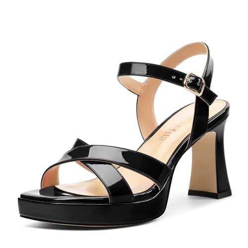 MisaeMila Damen-Sandalen, klobiger hoher Absatz, verstellbarer Knöchelriemen, offener Zehenspule, Absätze, Kreuzzehenriemen, Abschlussball, Party, Kleid, Pumps mit Schnalle, Schwarz Lack, 39.5 EU von MisaeMila
