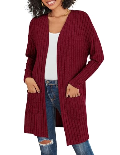 Misakia Damen-Strickjacke, leicht, langärmelig, offene Vorderseite, Strickjacke, übergroße Strickjacke mit Taschen, trendiges Frühlingsoberteil, Weinrot, X-Groß von Misakia