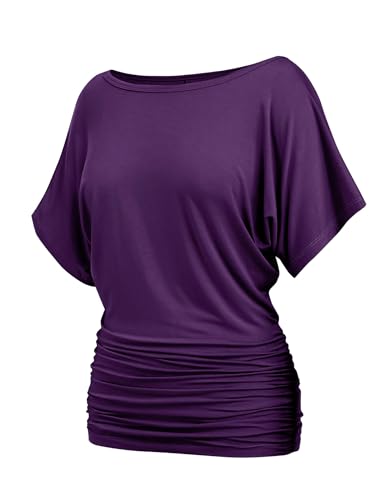 Misakia Gerüschtes Damen-T-Shirt, lässig, Dolman, kurzärmelig, U-Boot-Ausschnitt, Sommer, schulterfrei, Fledermausärmel, 2025, 06dark purple, Mittel von Misakia
