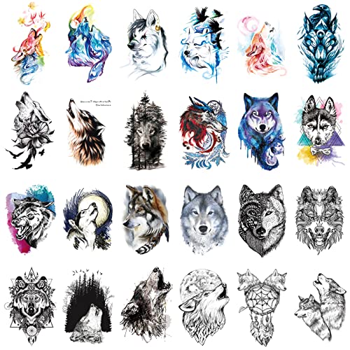 Gwolf 24 Blätter Wolf Tattoo Temporär, Persönlichkeit Wolf Tattoo Aufkleber Neue Umweltschutz Wasserdichte Blume Arm Tattoo Aufkleber Realistische 3D Tiermuster Tattoo Papier von Misazy