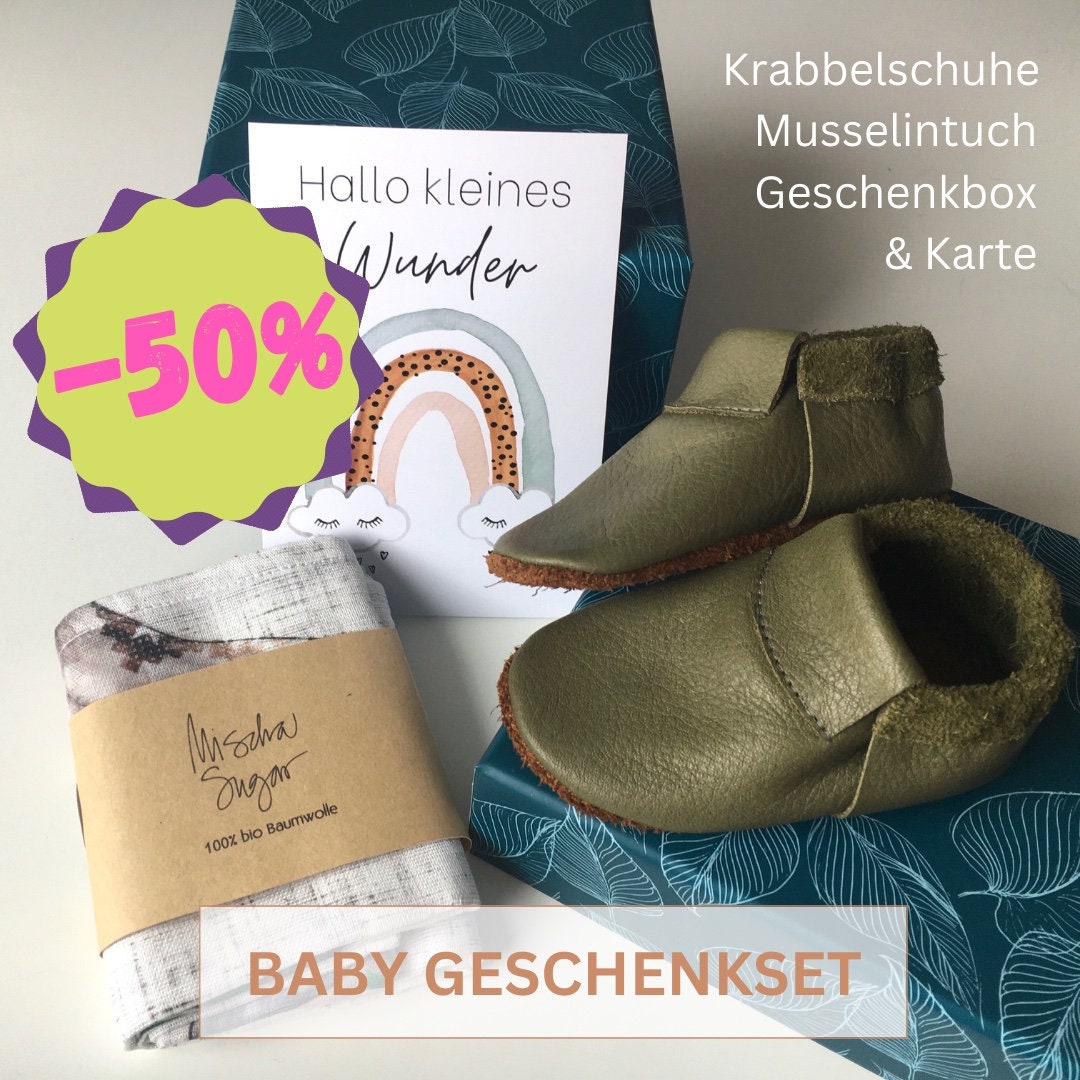 Baby Krabbelschuhe - Mokassins Aus Naturleder in Khakigrün Und Braun, Gr.19 Auch Als Set Mit Musselintuch Karte Ab 39, 40 Euro von MischaSugarKIDS