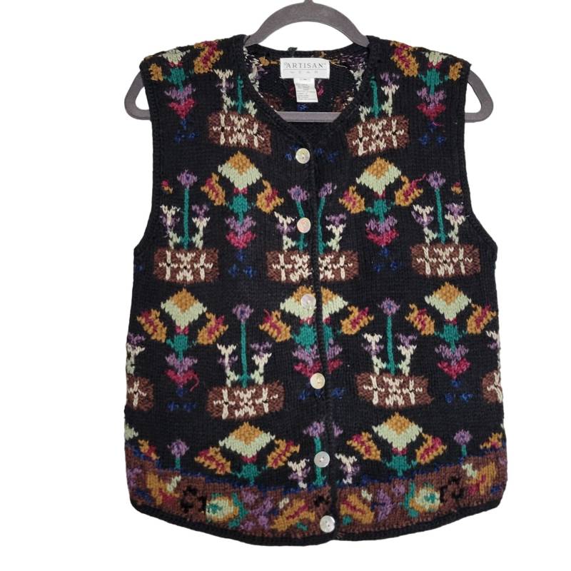 Vintage Damen M Pullover Weste Cardigan Oma Core Cottage Schwarz Mehrfarbig von MischiefnMagic