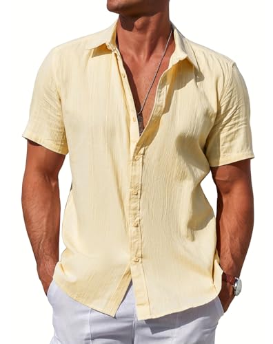 Hemd Herren Hemd Kurzarm Freizeithemden Leicht Sommerhemd Baumwolle Hemden Stehkragen Casual Beach Shirts Regular Fit Button Down Strandhemd Leinen Einfarbig Shirts-Aprikose-S von Misfuso