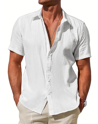 Herren Freizeithemd Kurzarm Baumwolle Sommerhemd Button Down Sommer Shirt Regular Fit-Weiß-XL von Misfuso