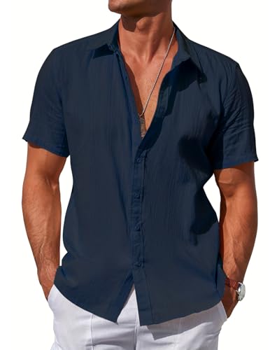 Herren Hemd Kurzarm Regular Fit Sommerhemd Freizeithemden Bügelfrei Button Down Casual Strand Hemden Shirt-Navy-XXL von Misfuso