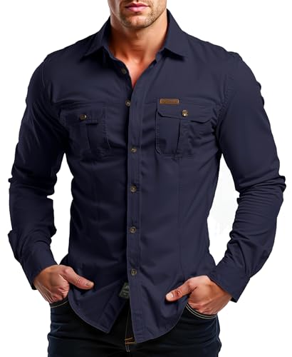 Herren Langarm Hemd Outdoorhemd Westernhemd Casual Freizeithemd Atmungsaktive Sportshemd Frühling Sommer Herbst mit Taschen für Wandern Camping Reisen-Navyblau-L von Misfuso