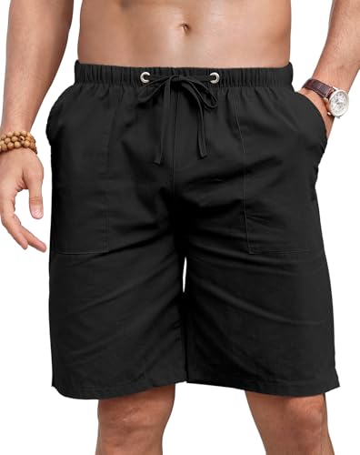 Herren Leinen Shorts Kurze Baumwolle Bermuda Shorts Herren Mit Gummizug Freizeithose Leichte Sommerhose Strand Mit Taschen_Schwarz_2XL von Misfuso