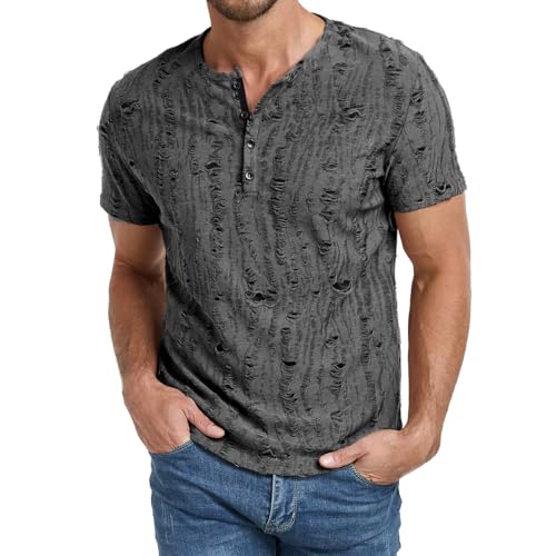 Herren T Shirt Henley Shirt Herren Kurzarm Sommer T Shirt Mit Knopfleiste Herren Kurzarm Casual Leicht Slim Fit T-Shirt_Dunkelgrau_XXL von Misfuso