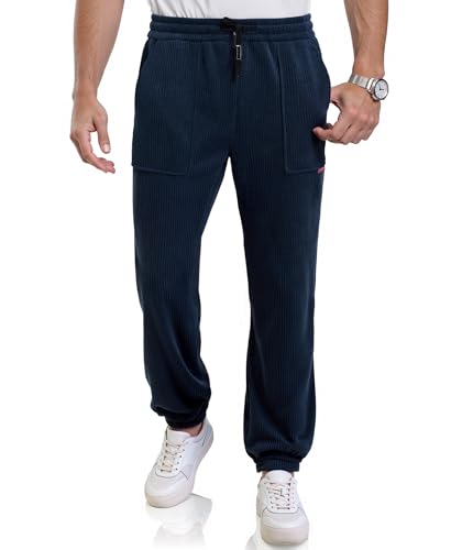 Misfuso Jogginghose Herren Cordhose Trainingshose Warme Freizeithosen Herren Lang Sporthose Winter Thermo Kordelzug Sweatpant mit 2 Taschen-Navy-L von Misfuso