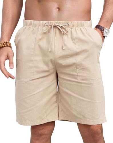 Leinenhose Herren Kurz Shorts Herren Sommer Kordelzug Strand Freizeithose Herren Shorts Leichte Beach Shorts Mit Gummizug Und Taschen_Khaki_L von Misfuso
