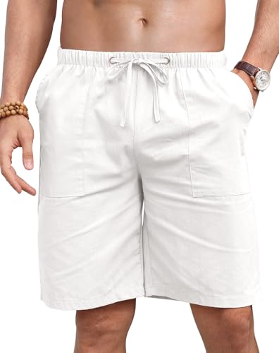 Leinenhose Herren Kurz Shorts Herren Sommer Kordelzug Strand Freizeithose Herren Shorts Leichte Beach Shorts Mit Gummizug Und Taschen_Weiß_L von Misfuso