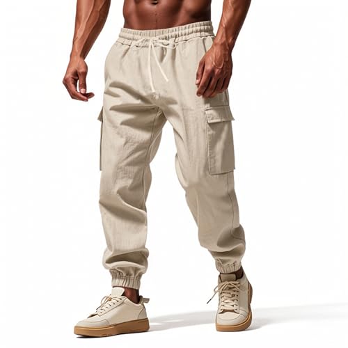 Leinenhose Herren Sommer Leicht Cargo Loose Freizeithose mit Kordelzug Strandhose Herren Beach Cargohose-Khaki-3XL von Misfuso
