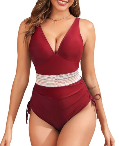 Badeanzug Damen Bauchweg Push Up Schwimmanzug mit Retro Schlankheits Raffung Einteilige bademode Swimsuits for Women_Burgund_L von Misfuso