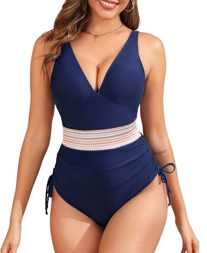 Badeanzug Damen Bauchweg Push Up Schwimmanzug mit Retro Schlankheits Raffung Einteilige bademode Swimsuits for Women_Marineblau_XL von Misfuso