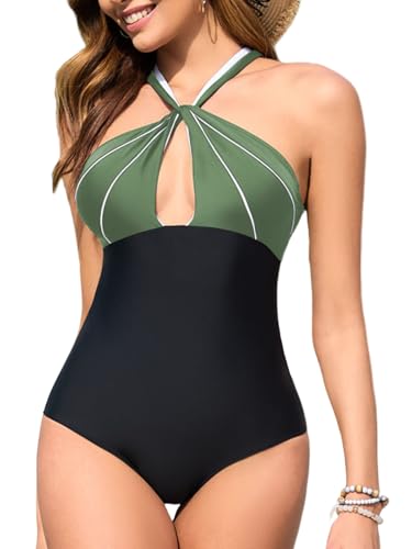 Misfuso Badeanzug Damen Bauchweg für Damen Bademode V Ausschnitt Badeanzug Monokini high Waist Sport Schwimmanzug Raffung-Grün-M von Misfuso