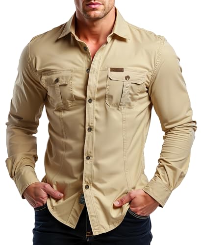 Misfuso Cargo Hemd Herren Langarm Baumwolle -Arbeitshemd Leichte Casual Regular Revers Herrenhemd Passform Langarm Outdoor Hemd Oberhemden Atmungsaktiv Freizeithemd-Khaki-S von Misfuso
