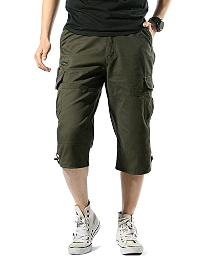 Misfuso Cargo Shorts Herren 3/4 Sommer Kurze Outdoor Bermuda Kurz Hose Atmungsaktiv Freizeitshorts Baumwolle Arbeitshose mit Multi Taschen und Gummibund Armygrün 3XL von Misfuso