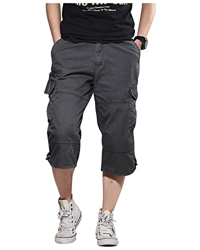 Misfuso Cargo Shorts Herren 3/4 Sommer Kurze Outdoor Bermuda Kurz Hose Atmungsaktiv Freizeitshorts Baumwolle Arbeitshose mit Multi Taschen und Gummibund Dunkelgrau 3XL von Misfuso